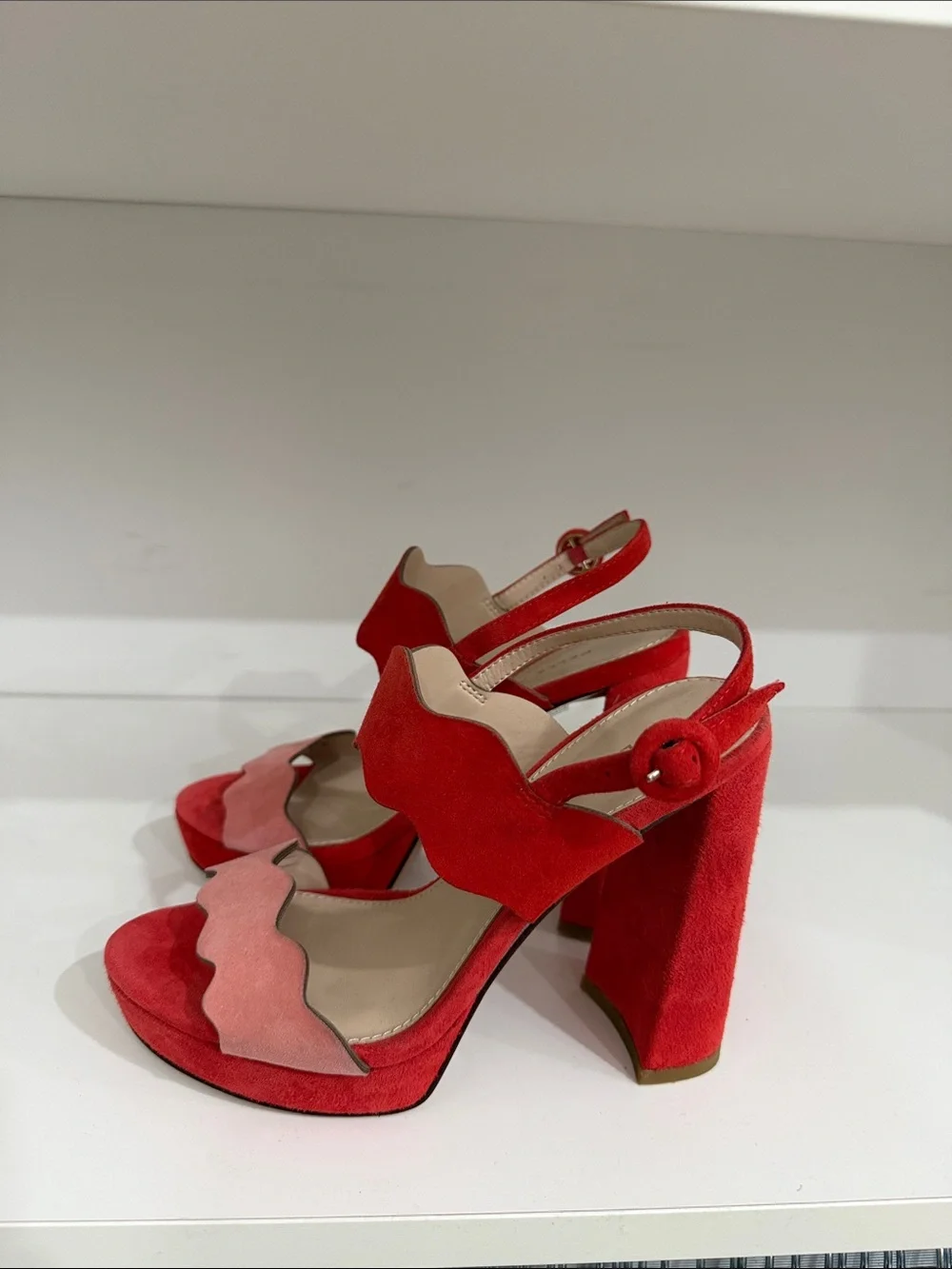 Two-Tone Red and Pink Suede Platform Sandals with Block Heel